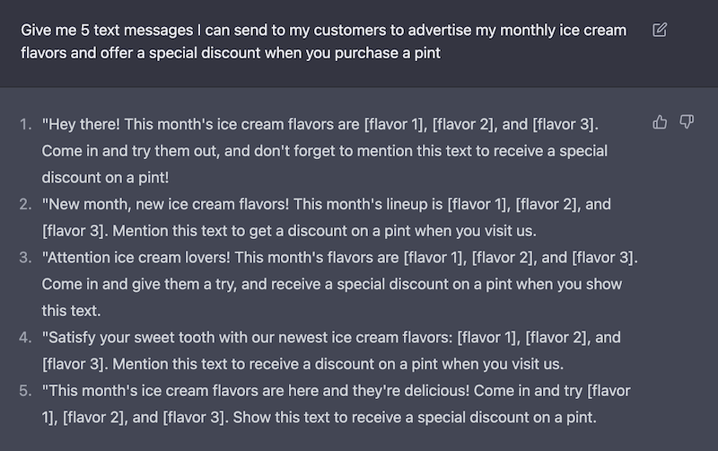 5 AI-written text messages for an ice cream shop announcing monthly flavors
