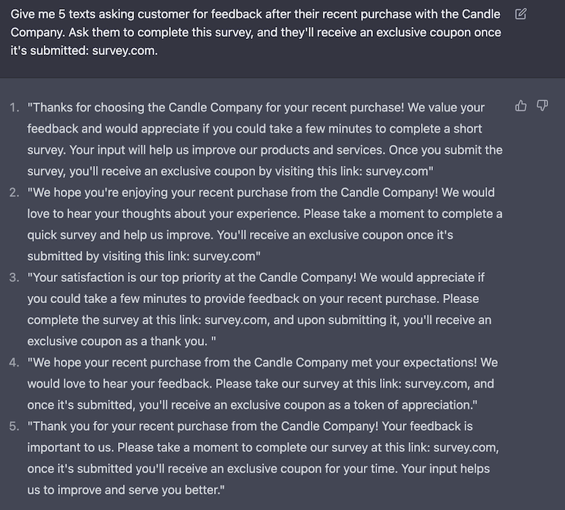 5 AI-written text messages for collecting survey feedback and offering a coupon in exchange for completion