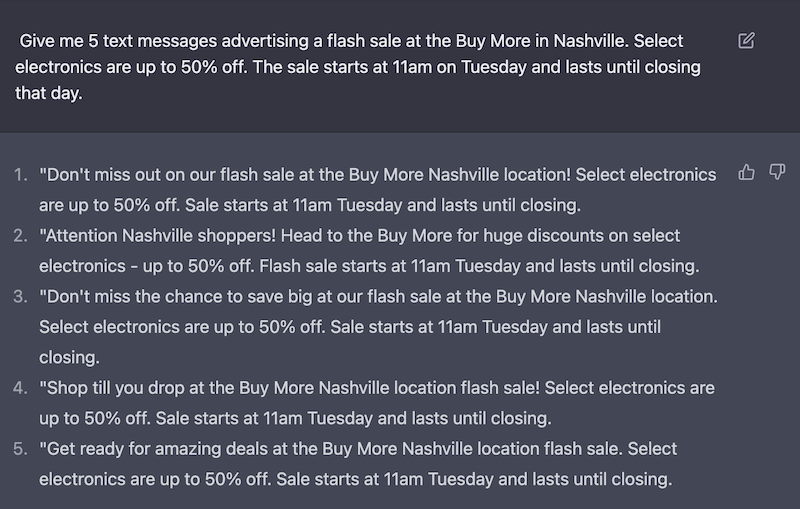 5 AI-written texts advertising a flash sale with info on the location and time