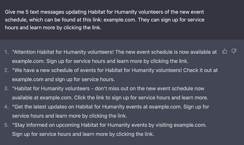 5 AI text messages asking for volunteers to sign up at a link
