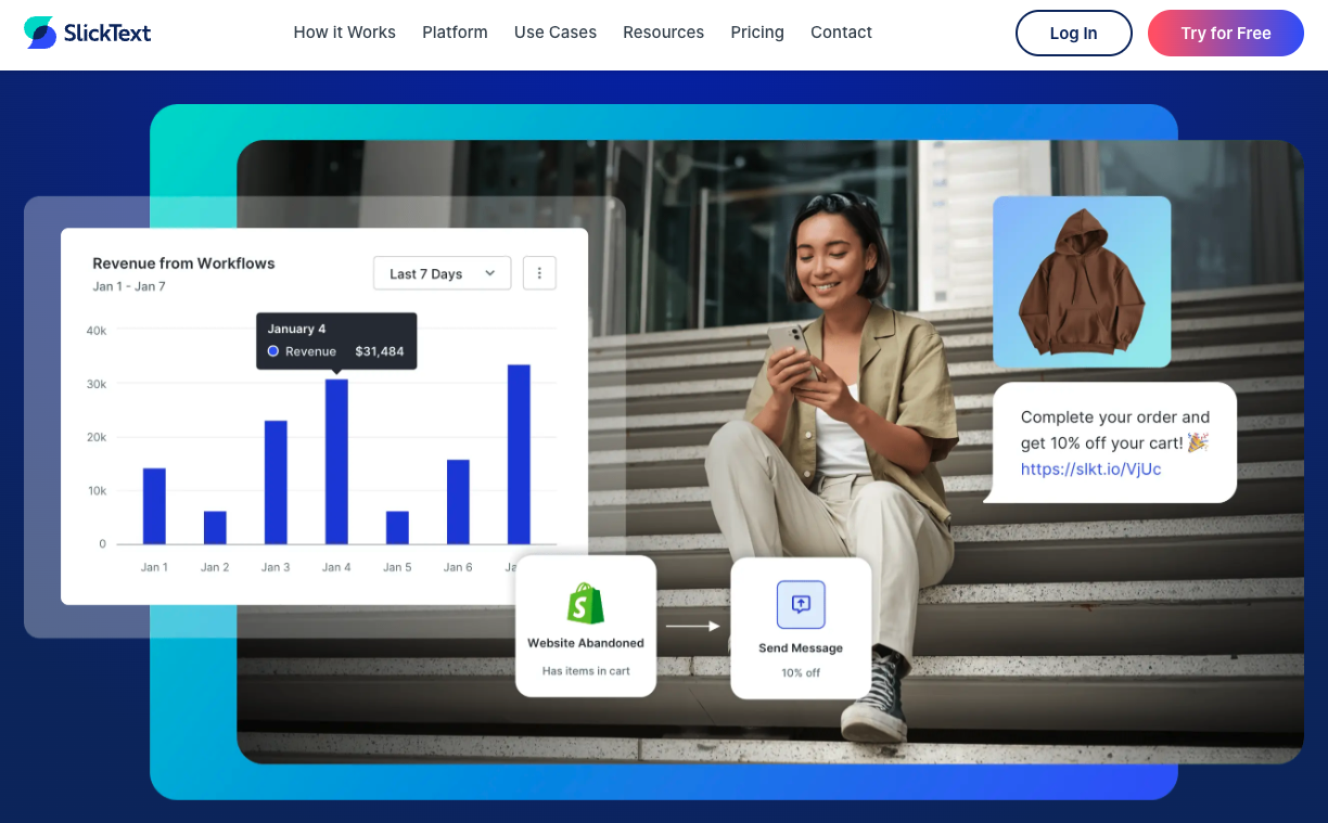 Screenshot of the SlickText home page with automated text messaging