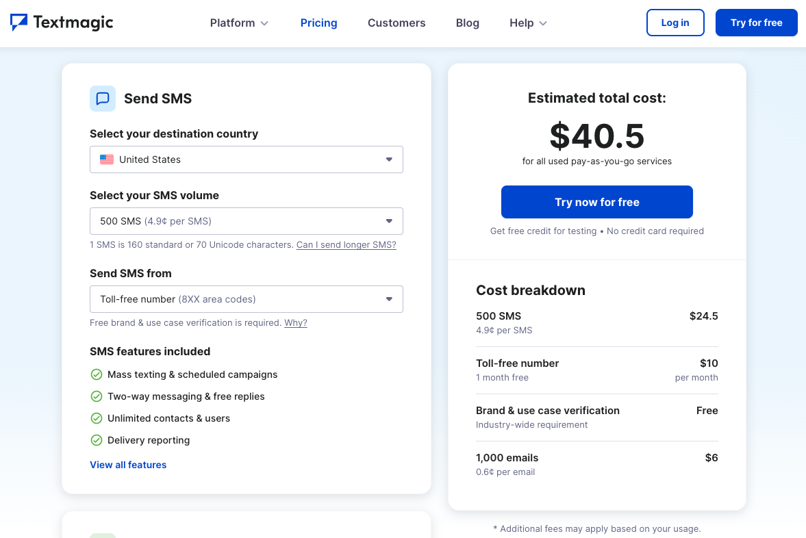 Screenshot of textmagic home page