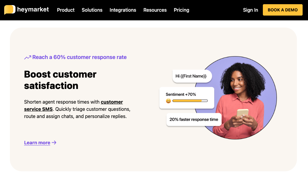 Screenshot of HeyMarket website page