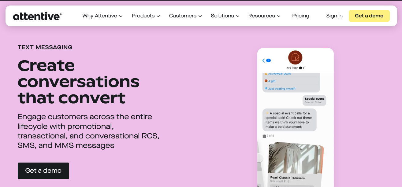 Screenshot of Attentive website page