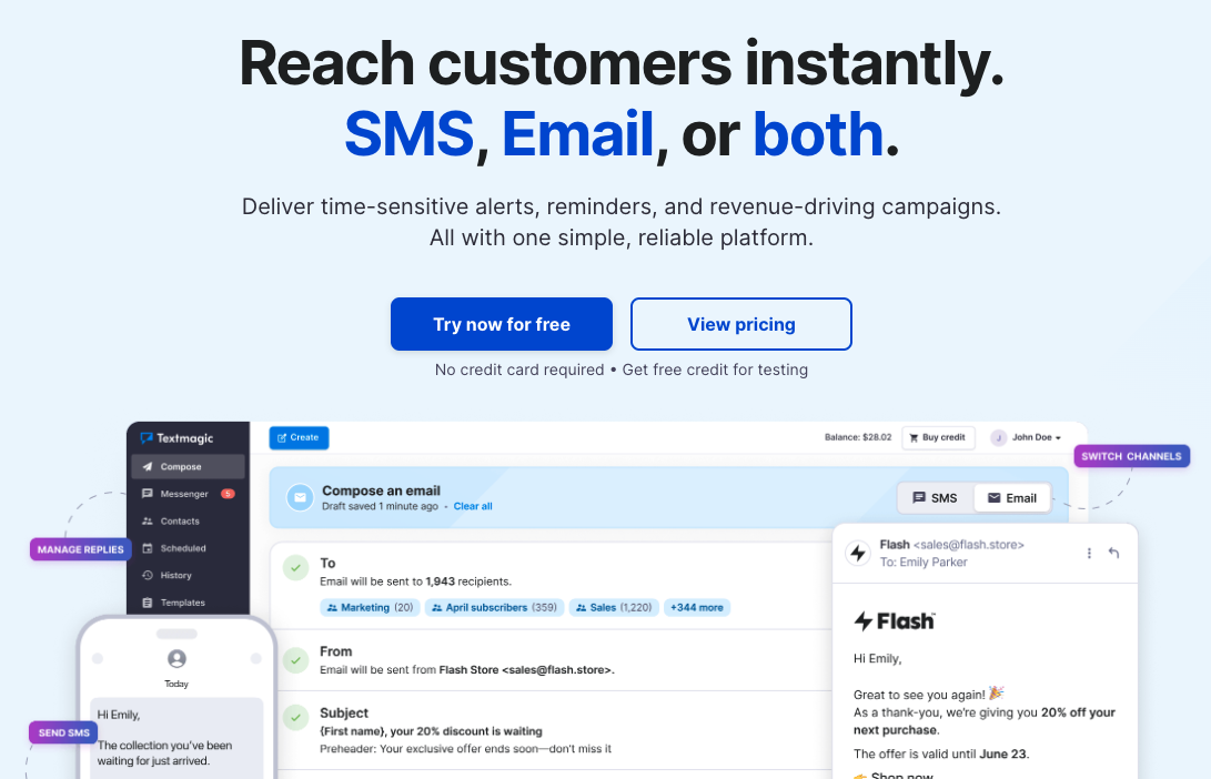 Screenshot of EZ Texting alternative Textmagic website