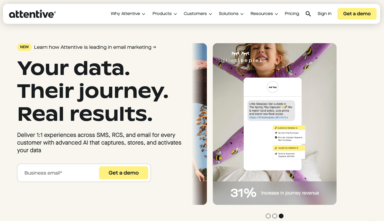 Screenshot of Attentive SMS platform for enterprise ecommerce