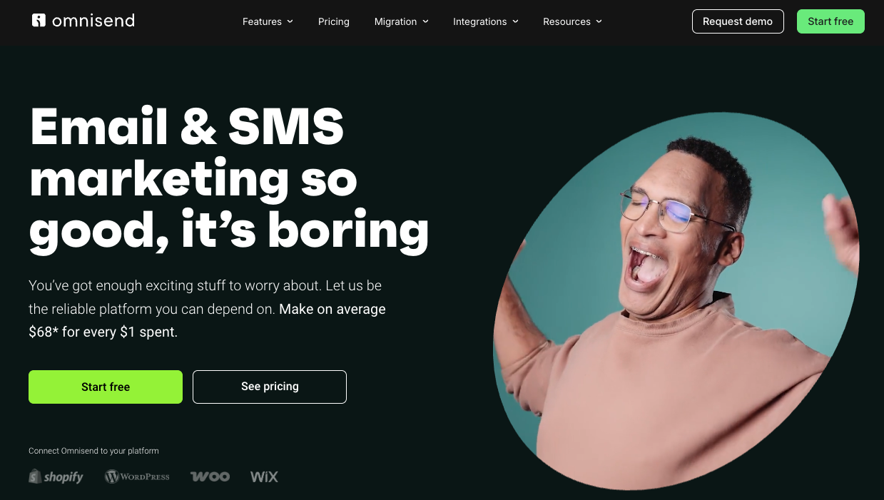 Screenshot of Omnisend email and SMS service for global enterprises